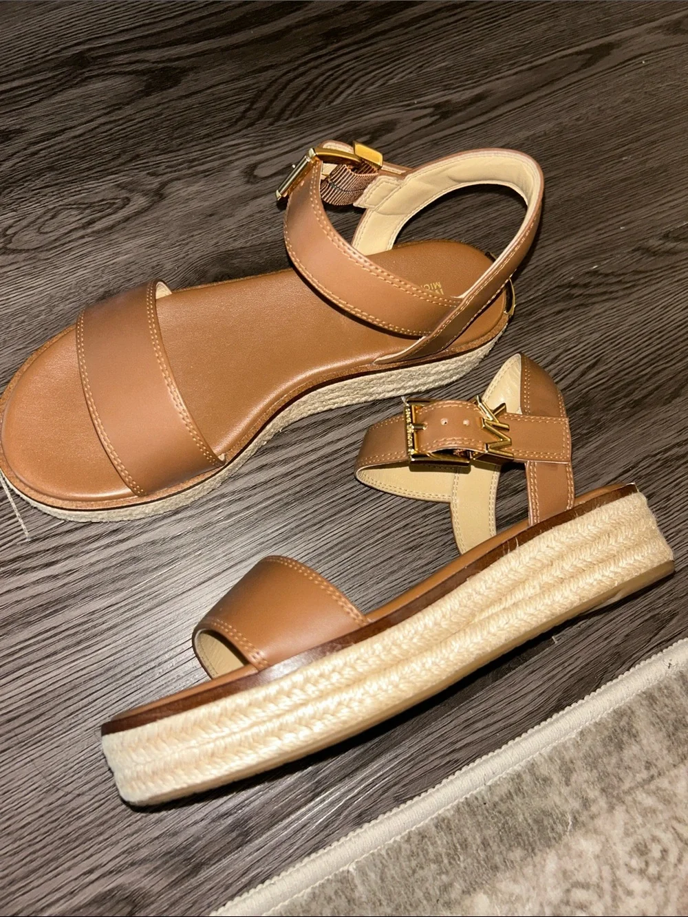 NWOT Michael Kors Luggage Brown Leather Platform Espadrille Sandal